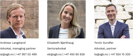 Bilde av Andreas Langeland, Elisabeth Bjørkhaug og Torolv Sundfør fra Advokatfirmaet SGB